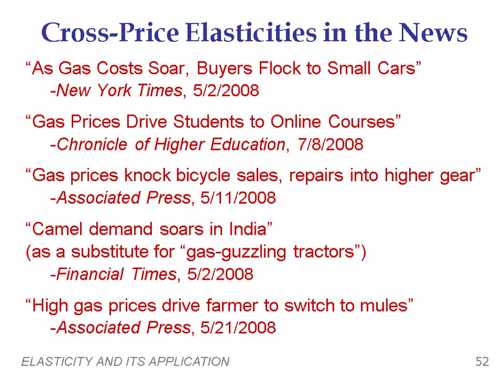 ELASTICITY AND ITS APPLICATION 52 Cross-Price Elasticities in the News “As Gas Costs Soar,
